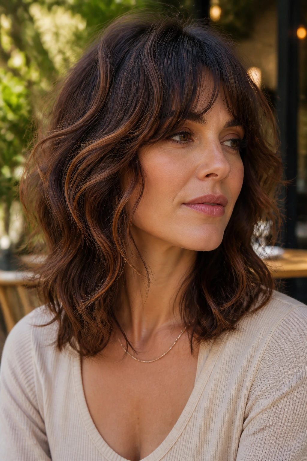 Real woman with wavy shag and auburn veils on brunette hair in sunlight