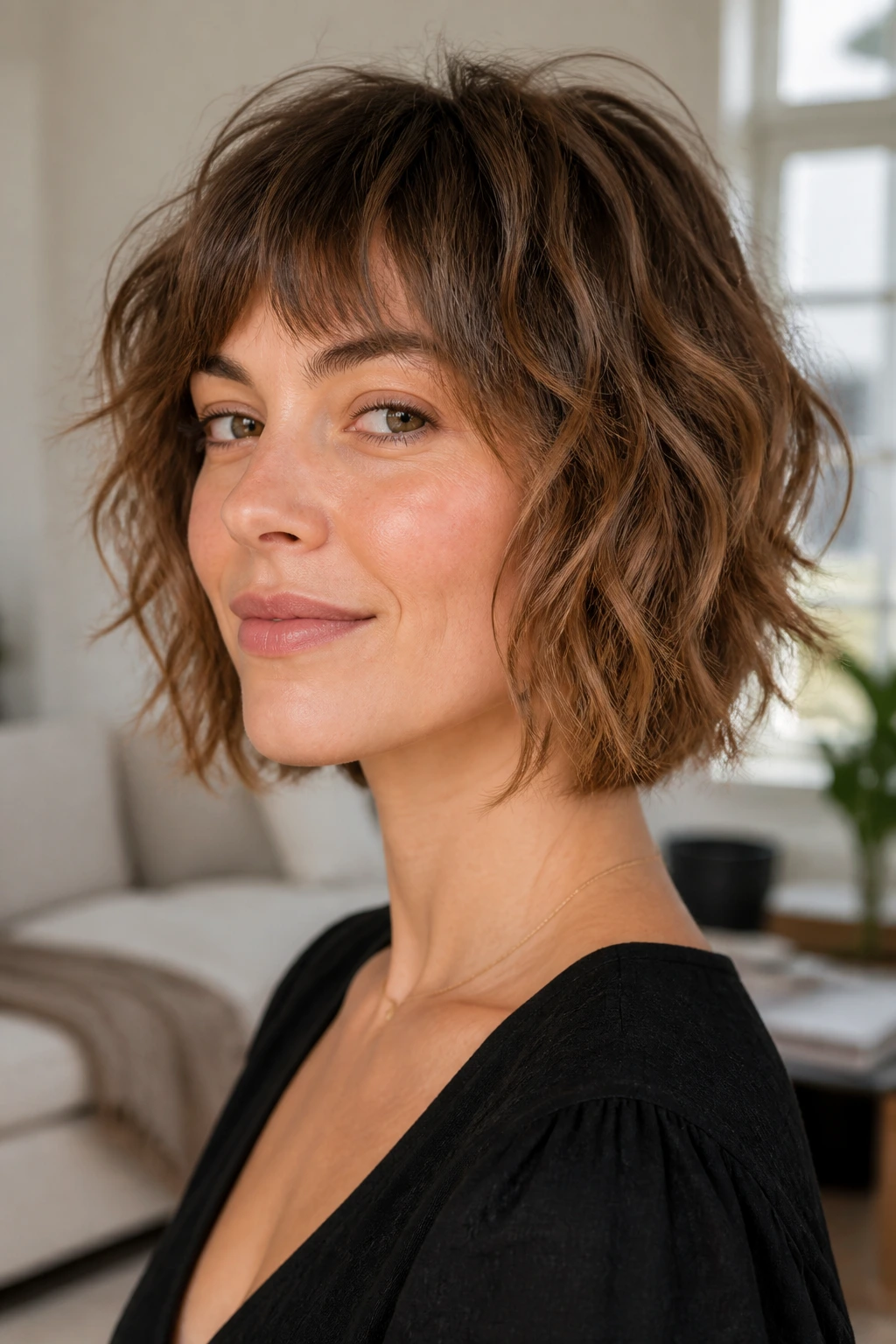 Real woman with a wavy shag bob illuminated by natural light
