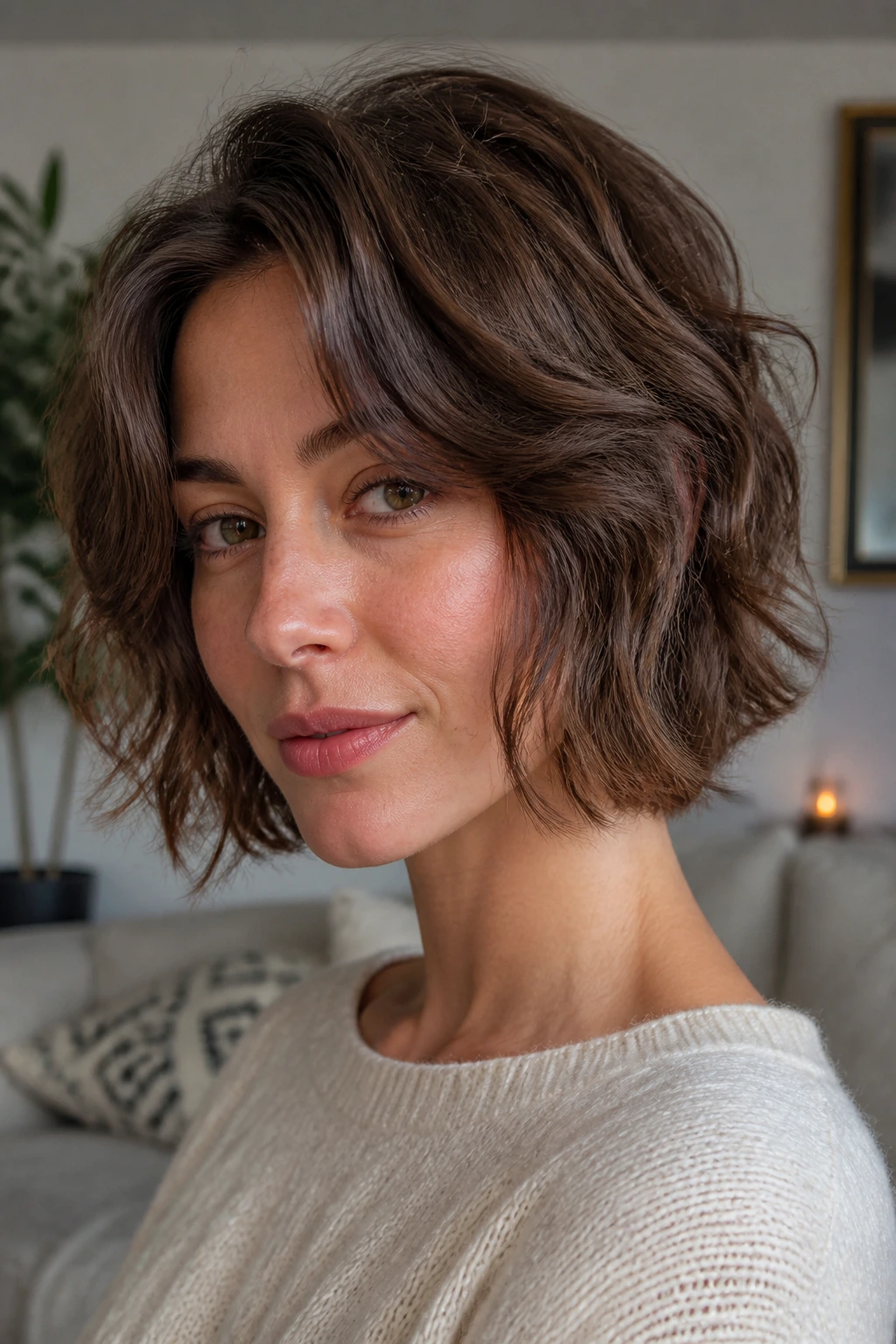 Real person with a chin-length wavy shag bob showing texture.