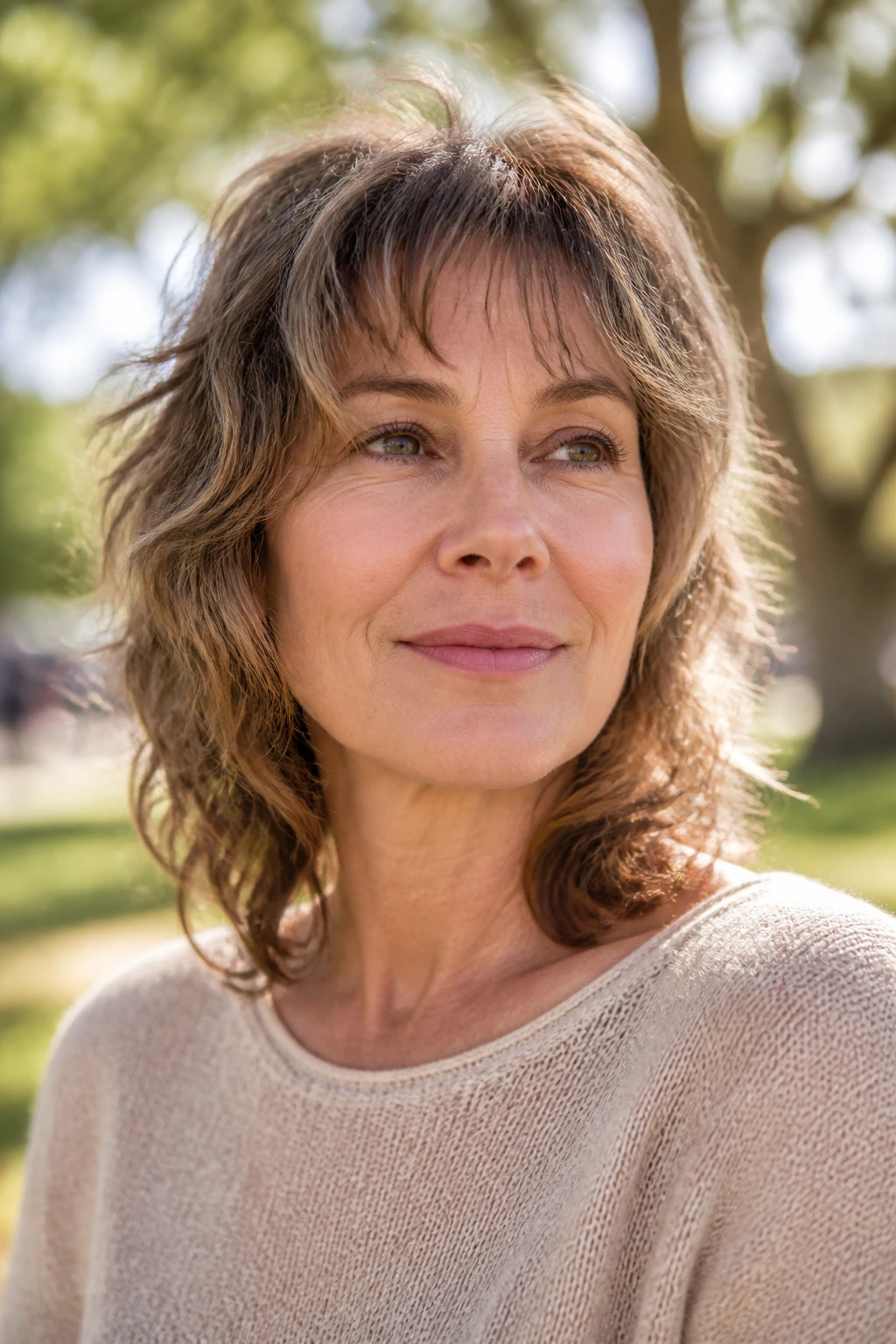 Real woman with wavy shag and broken-up fringe in outdoor light