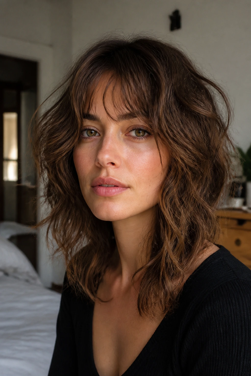 Close-up of a real person with shag waves and built-in mess
