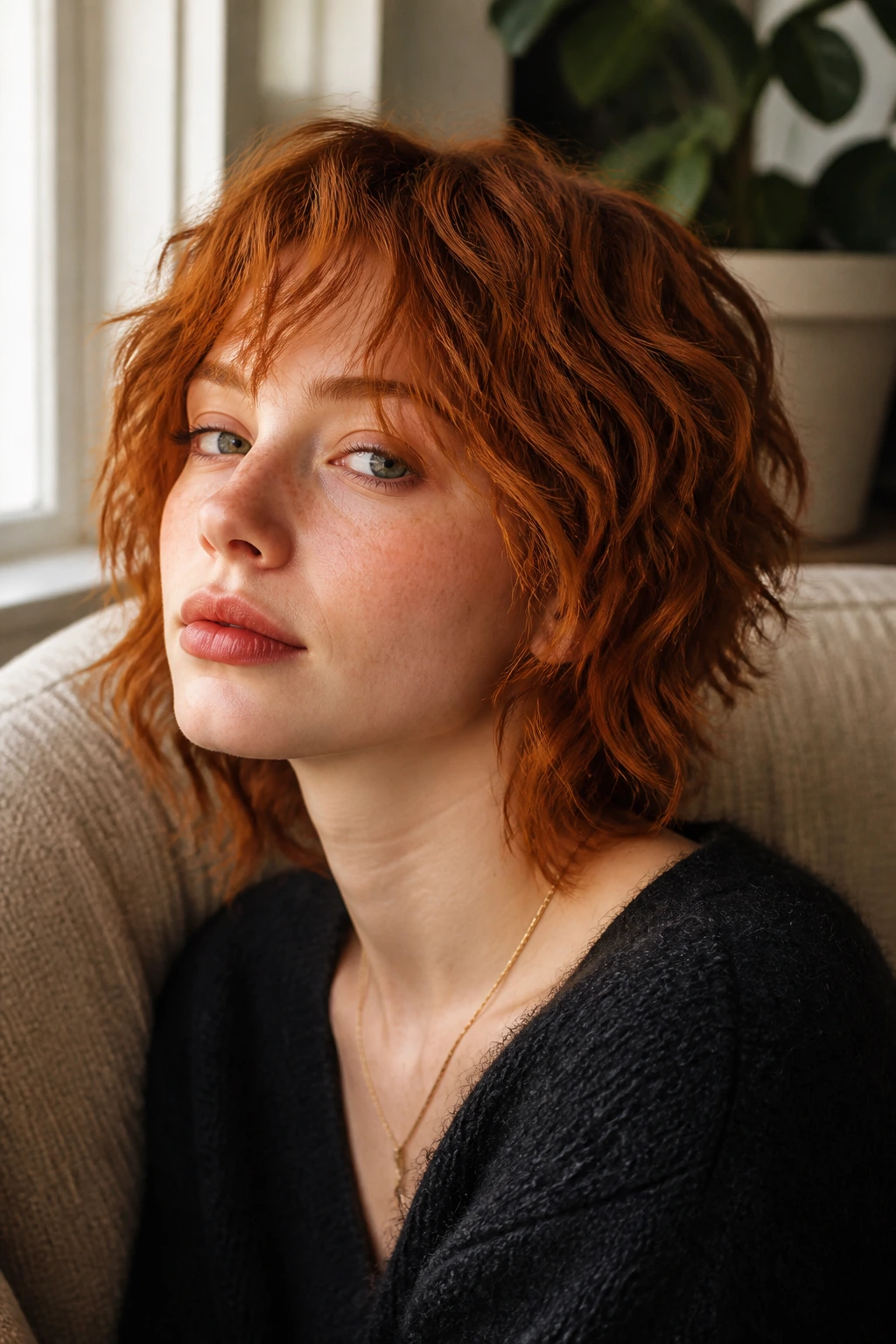Close-up portrait of a real person with wavy shag in copper red