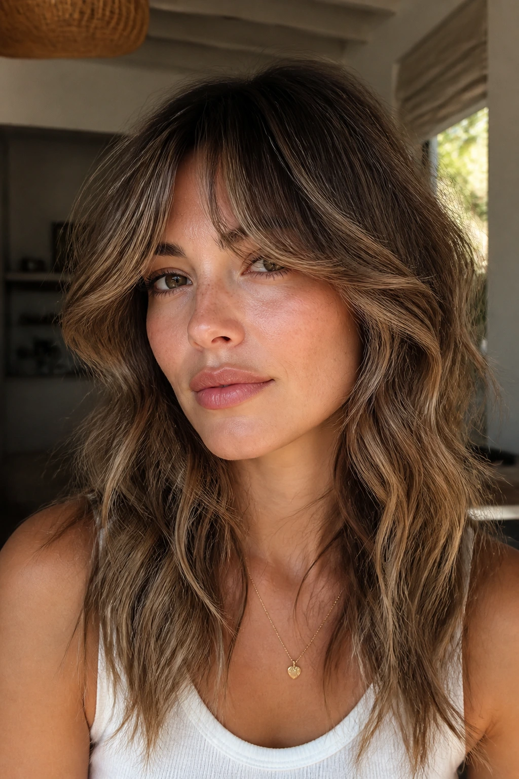 Close-up of a real woman with wavy shag curtain fringe feathering through layers