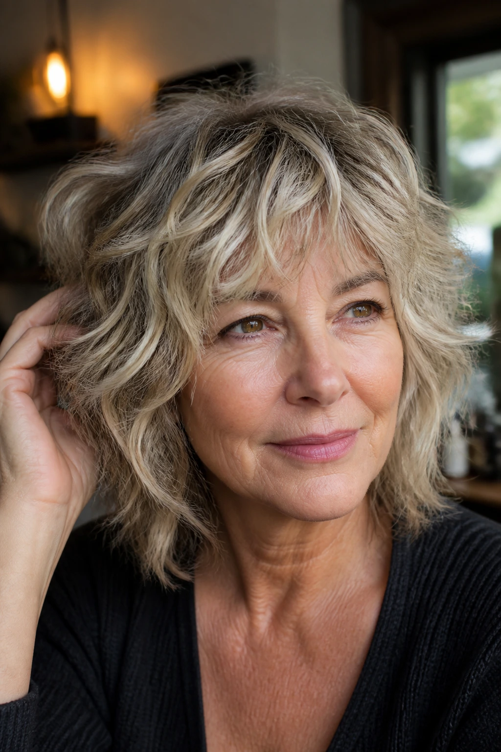 Close-up of a real woman's wavy shag haircut with face-framing layers in natural window light