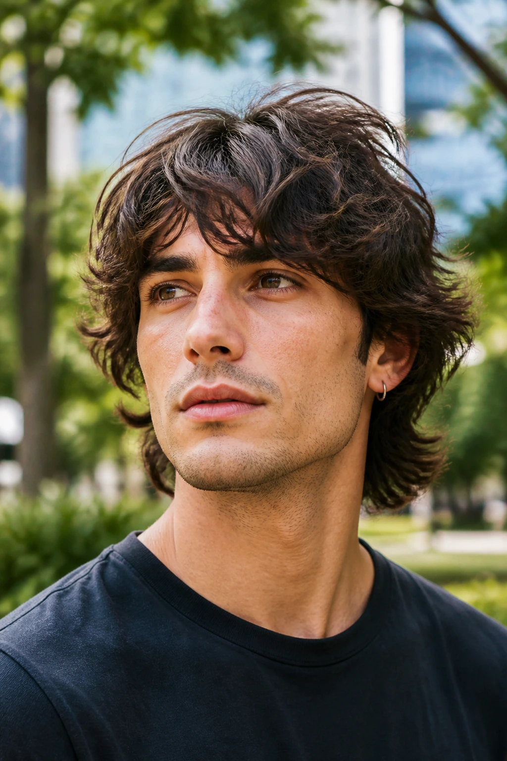 Close-up of man with Wavy Shag in natural daylight