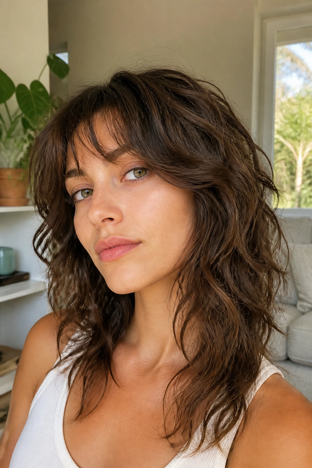 Real person with a wavy shag and micro layers in a bright living room.