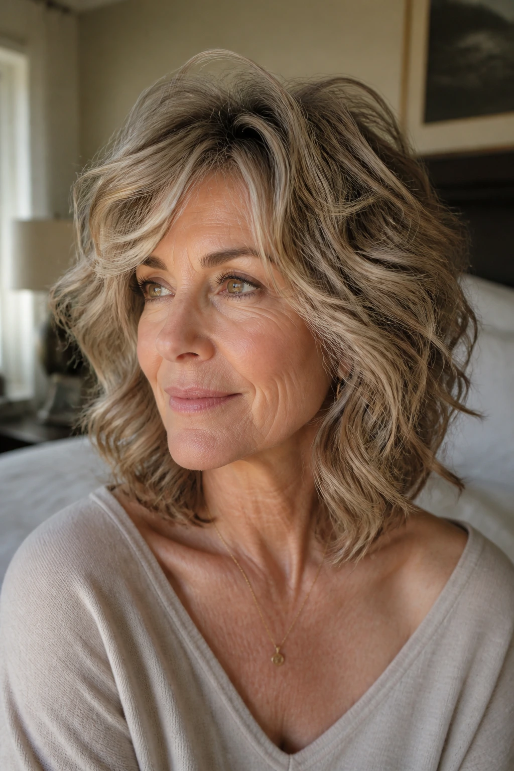 Close-up portrait of an older woman with a shoulder-length wavy shag and crown lift