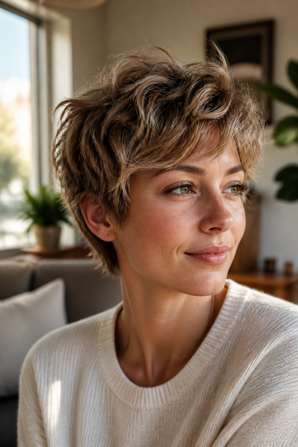 Portrait of a real person with a wavy shag pixie in a cozy room