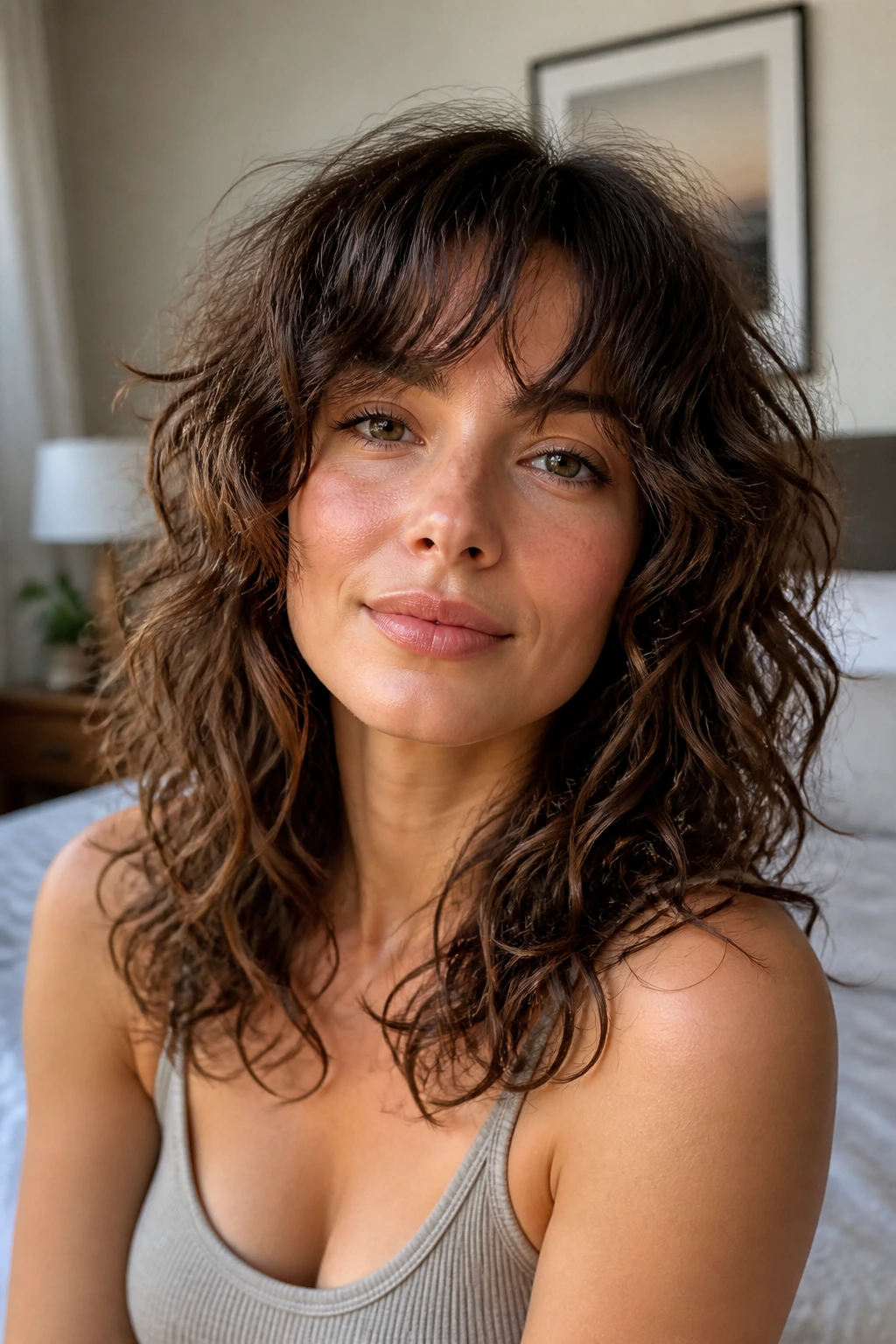Real woman with mid-length curly wavy shag hairstyle in a cozy bedroom