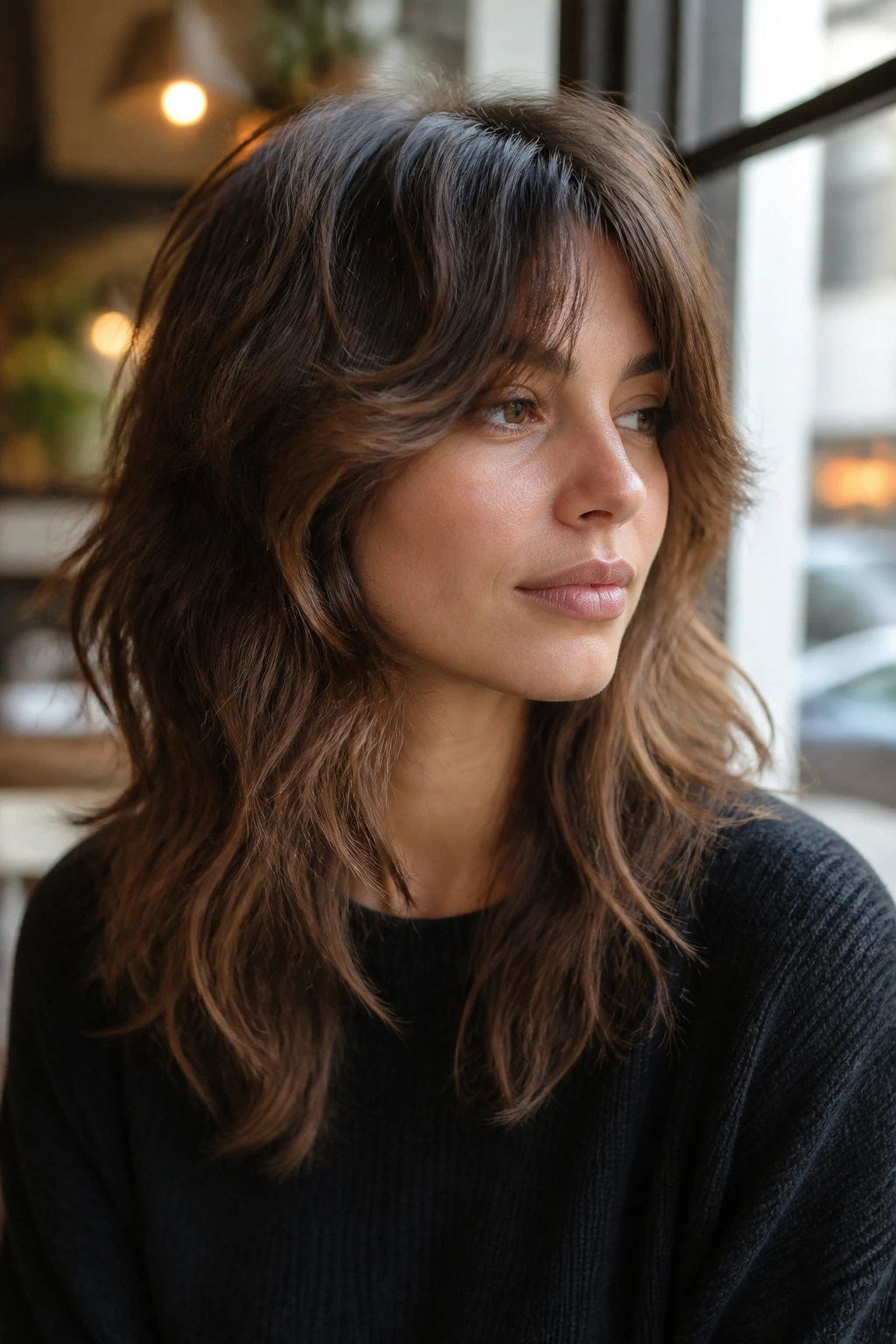 Real person with wavy shag and soft ends in warm natural light.