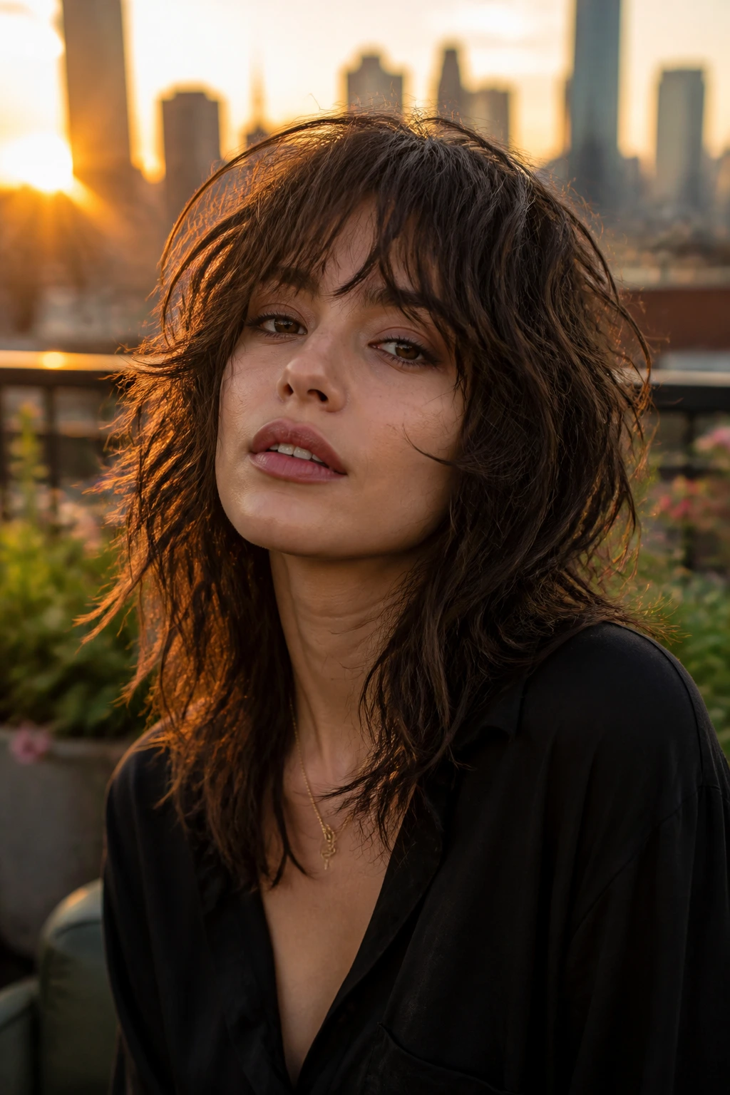 Close-up portrait of a real person with a Wavy Shattered Wolf Cut showing loose waves and broken ends