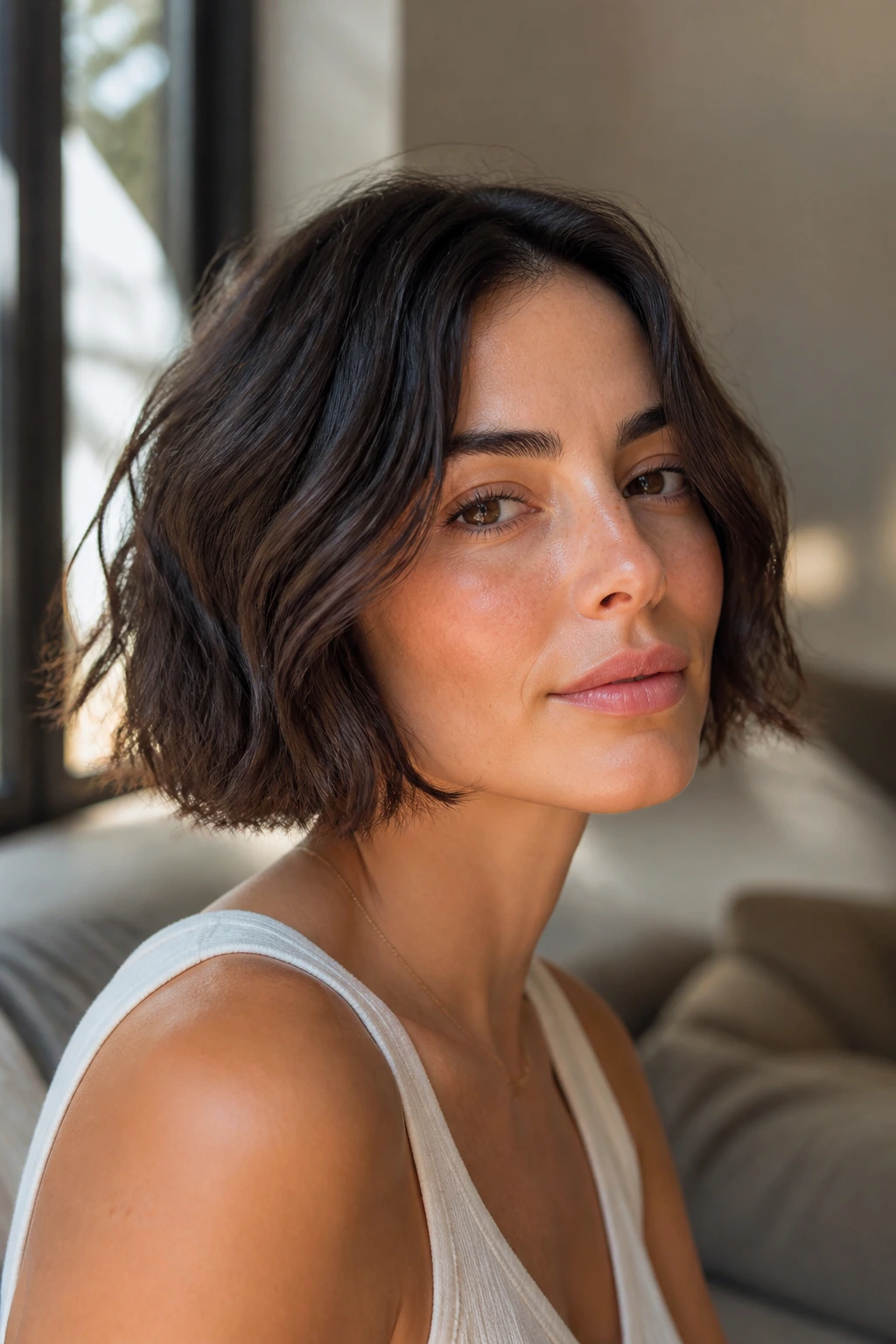 Close-up of real person with a wavy short bob air-dried hairstyle