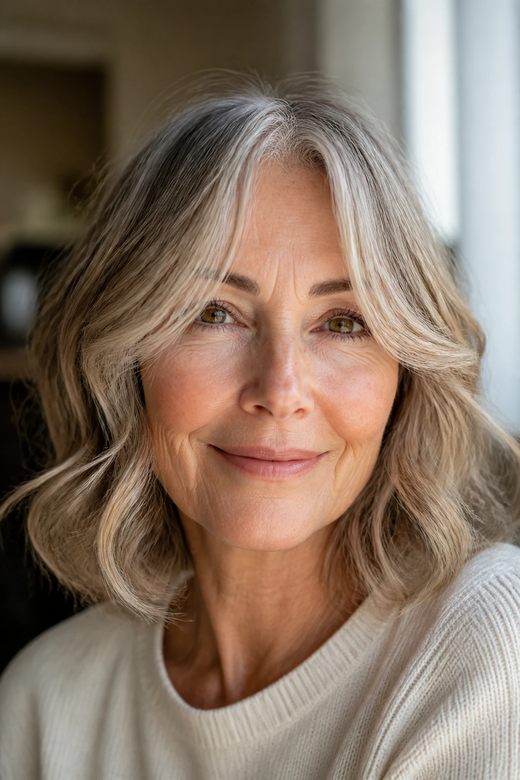 Portrait of a woman with a wavy shoulder-length cut and face-framing pieces.