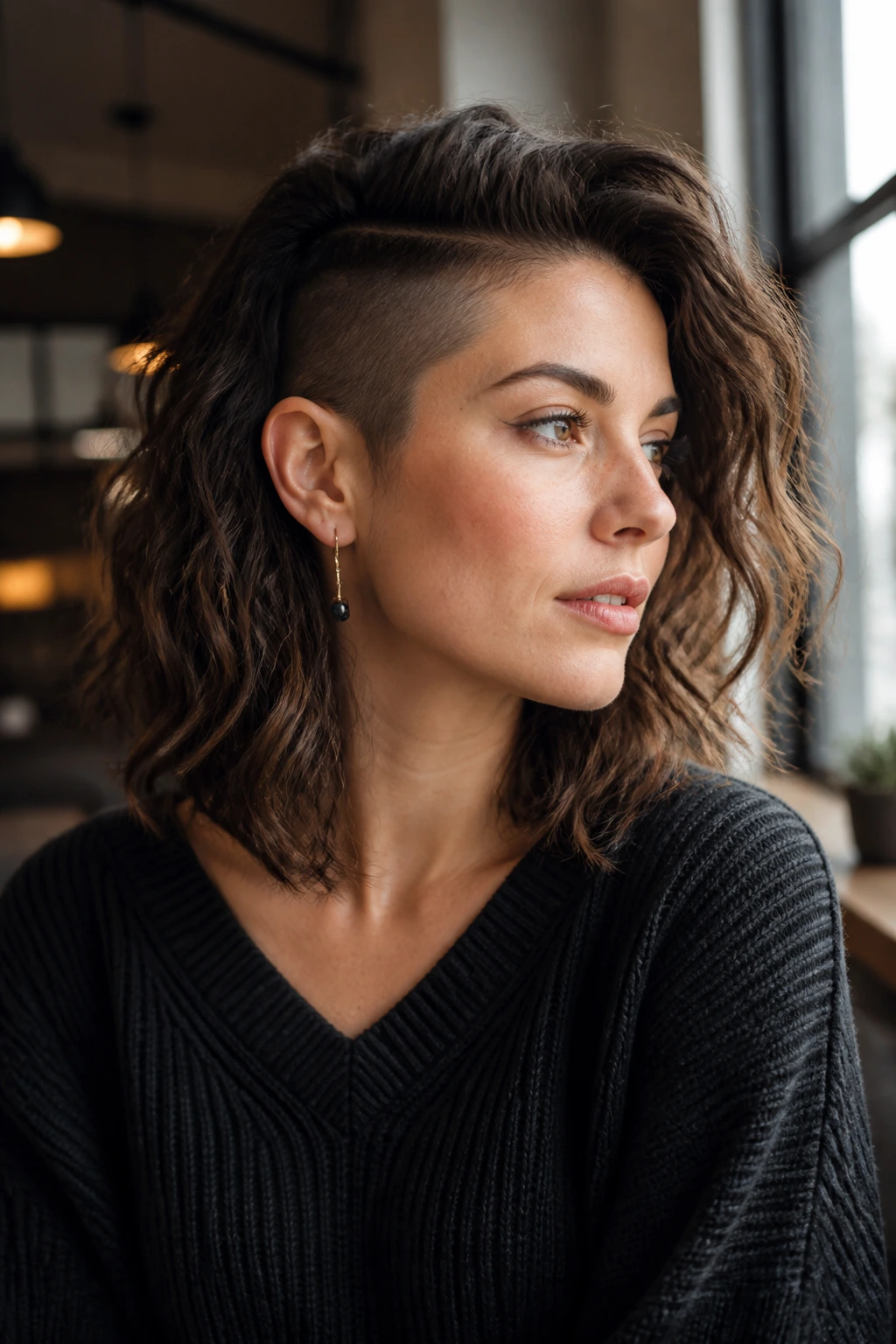 Three-quarter portrait of woman with wavy shoulder-length hair and hidden undercut