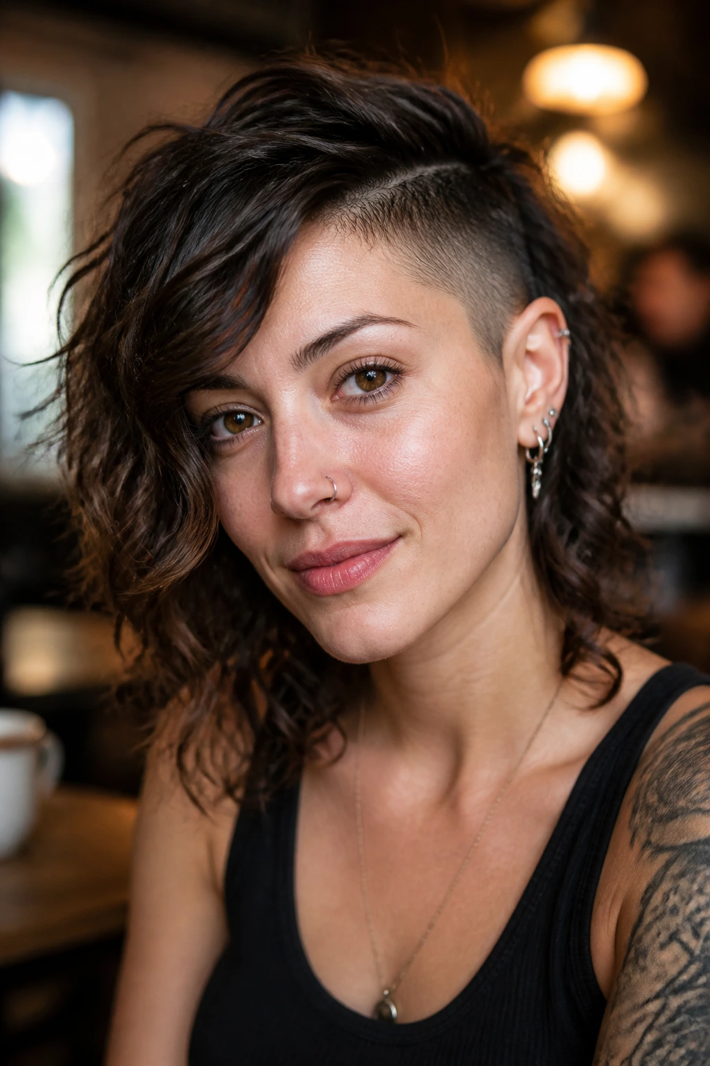 Woman with wavy side fade shag close-up.