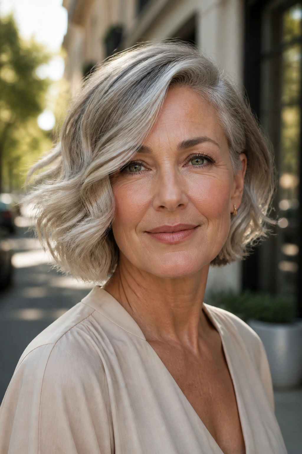 Portrait of a real woman with wavy side-part bob hairstyle
