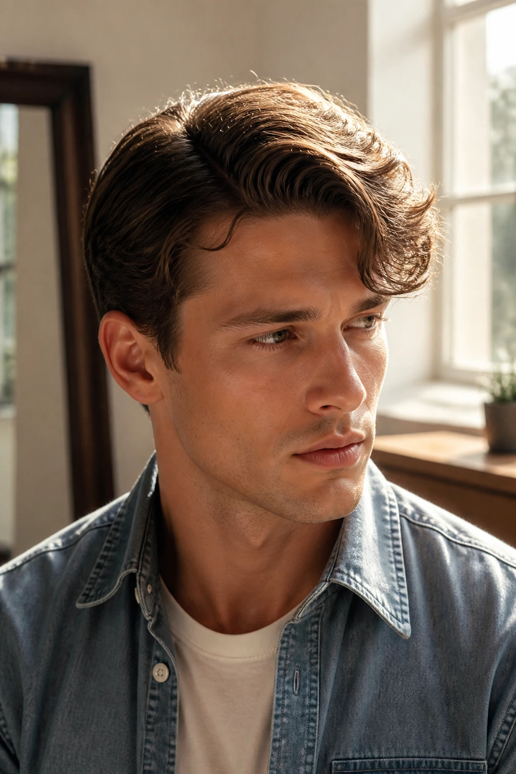 Close-up of a man with wavy hair and a soft off-center part, natural expression.