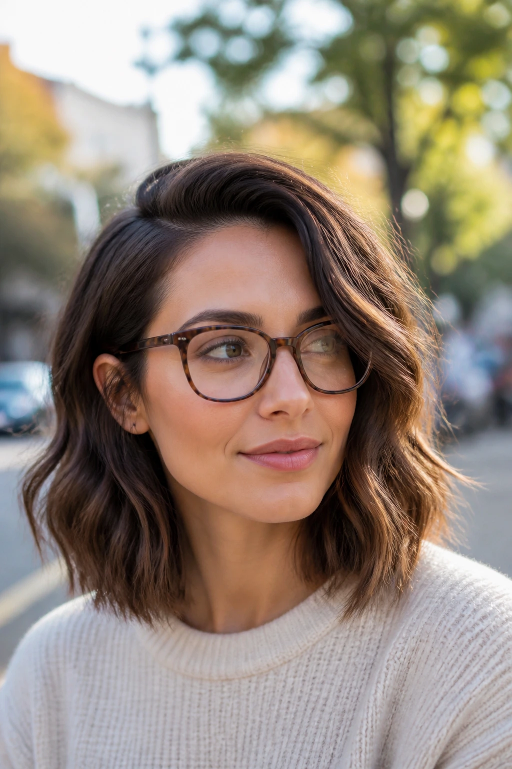 Portrait of a woman with wavy side-part lob.