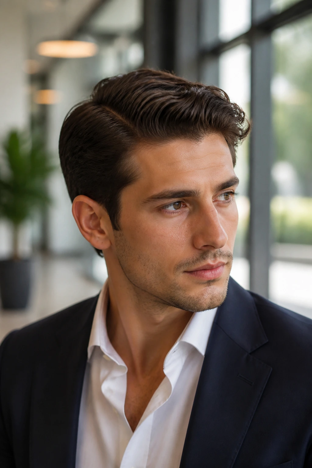 Man with wavy side part in natural daylight.