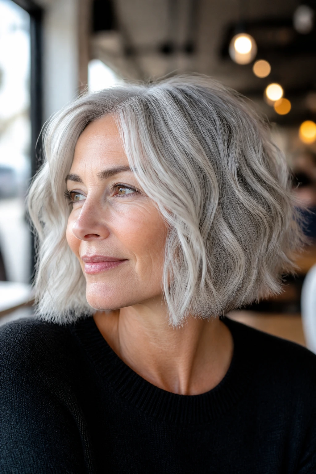 Close-up portrait of a real woman with a wavy silver bob and loose texture