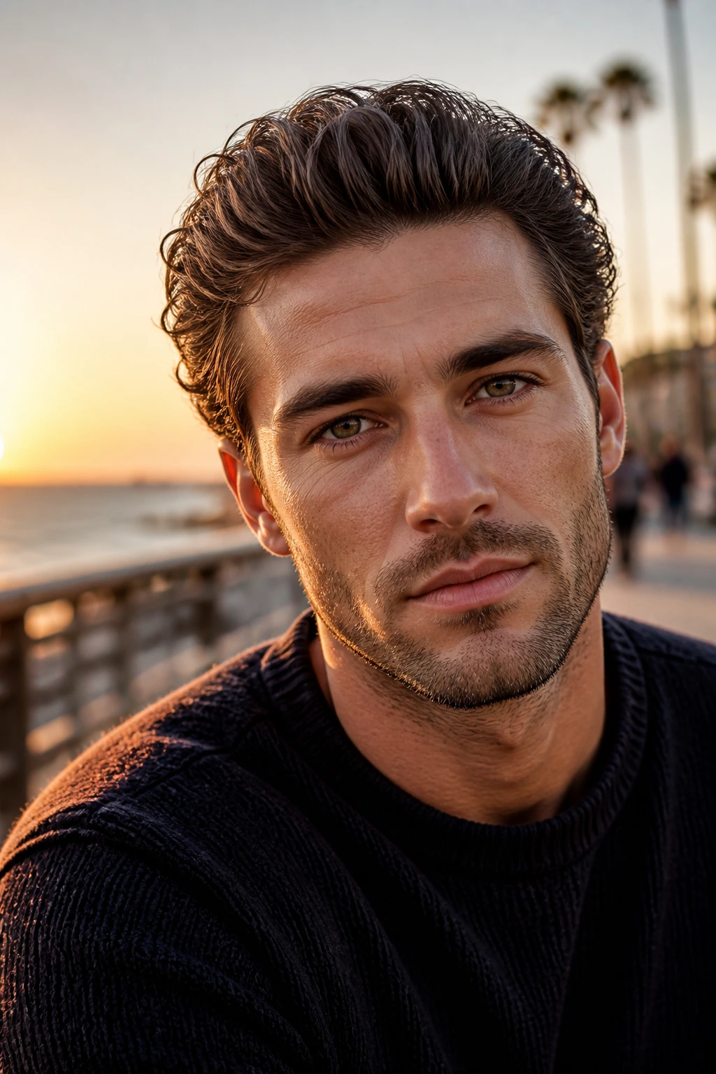 Close-up portrait of a man with wavy slick back hairstyle on a seaside boardwalk at sunset