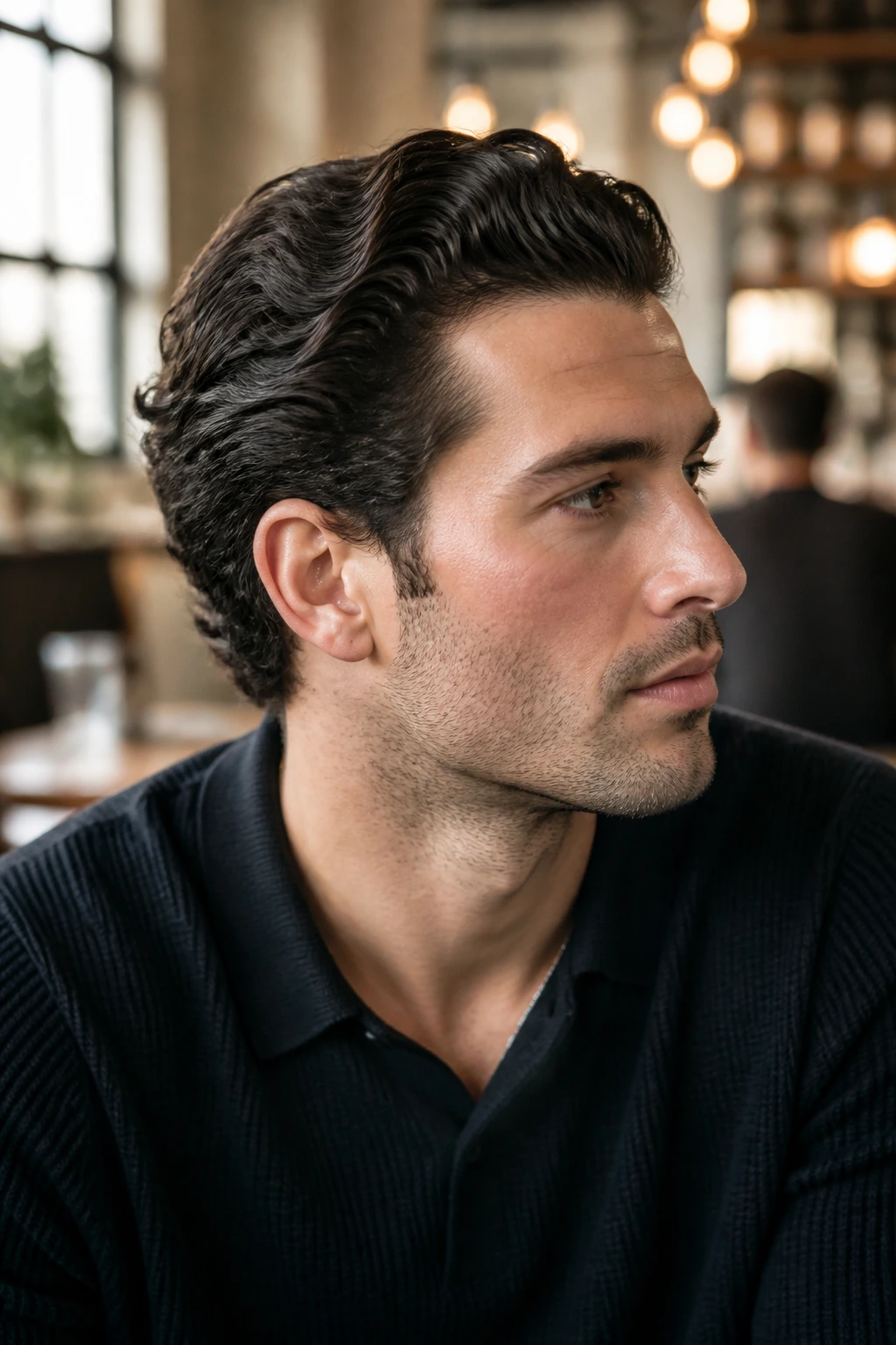 Close-up portrait of a real man with wavy slick-back hairstyle in a cafe setting.
