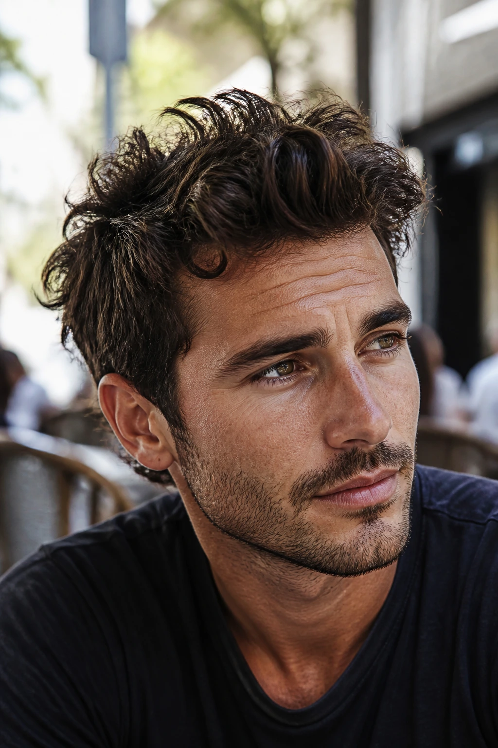 Man with wavy spikes hairstyle at outdoor cafe in daylight