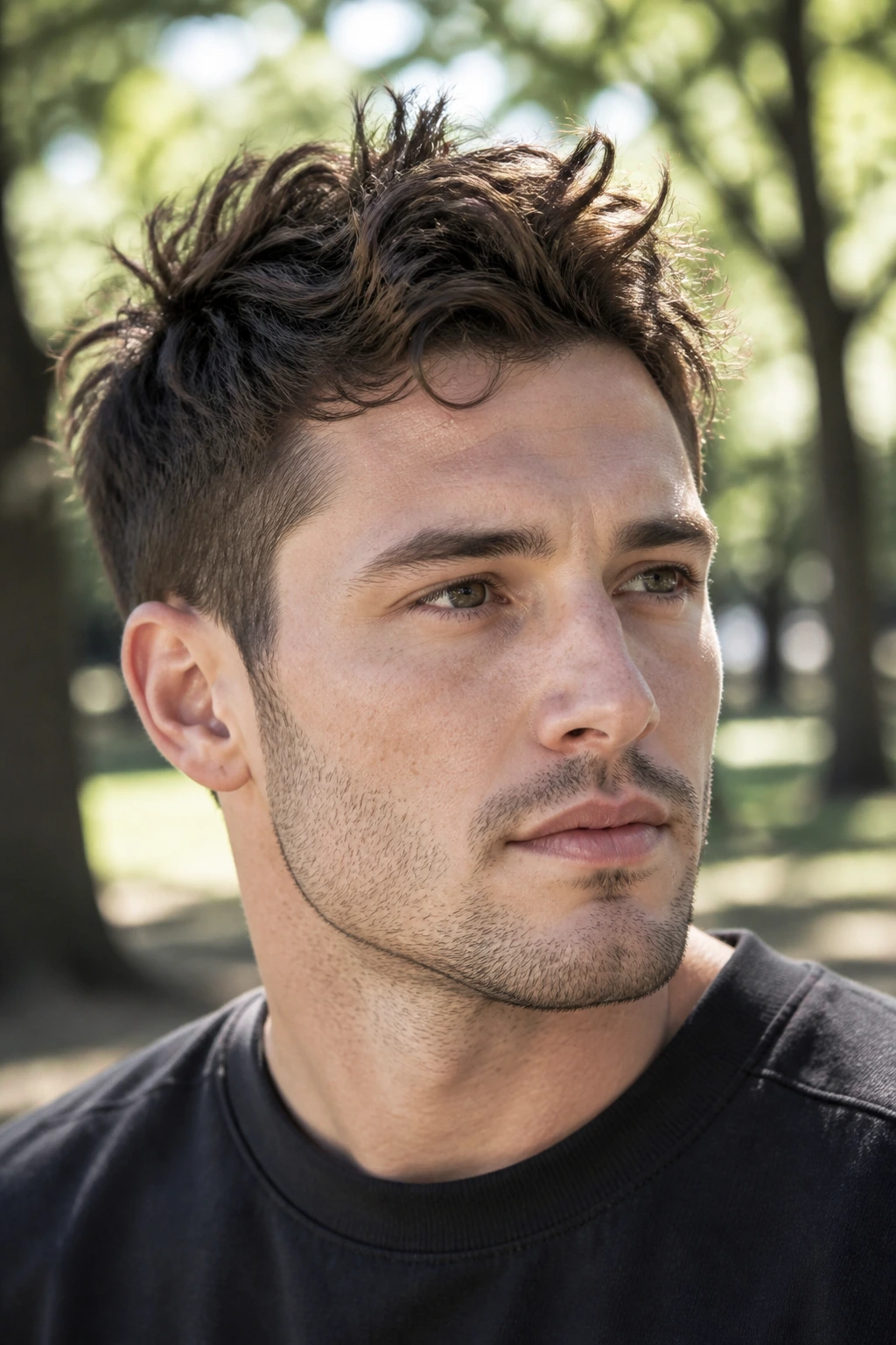Man with wavy S-curve spikes in natural light outdoors