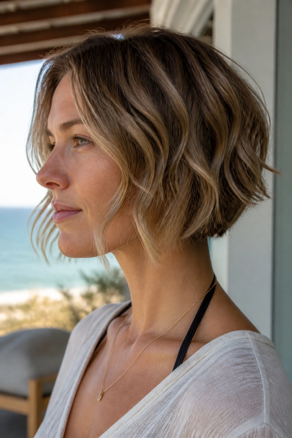 Close-up portrait of a real person with a wavy stacked bob and air-dried movement on a sunny porch.