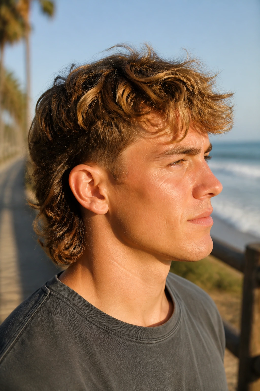 Close-up portrait of a real person with wavy surfer mullet on a sunlit beach boardwalk