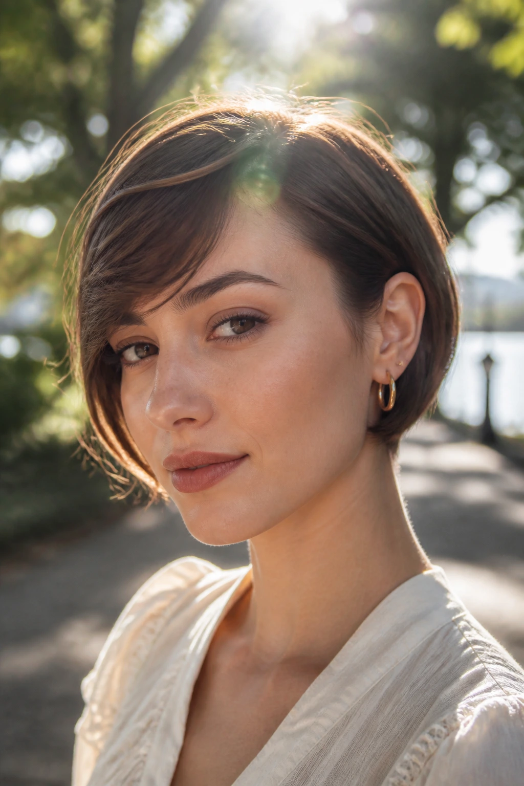 Portrait of a real person with wavy sweep bangs on a tucked bob, outdoors in soft sunlight.