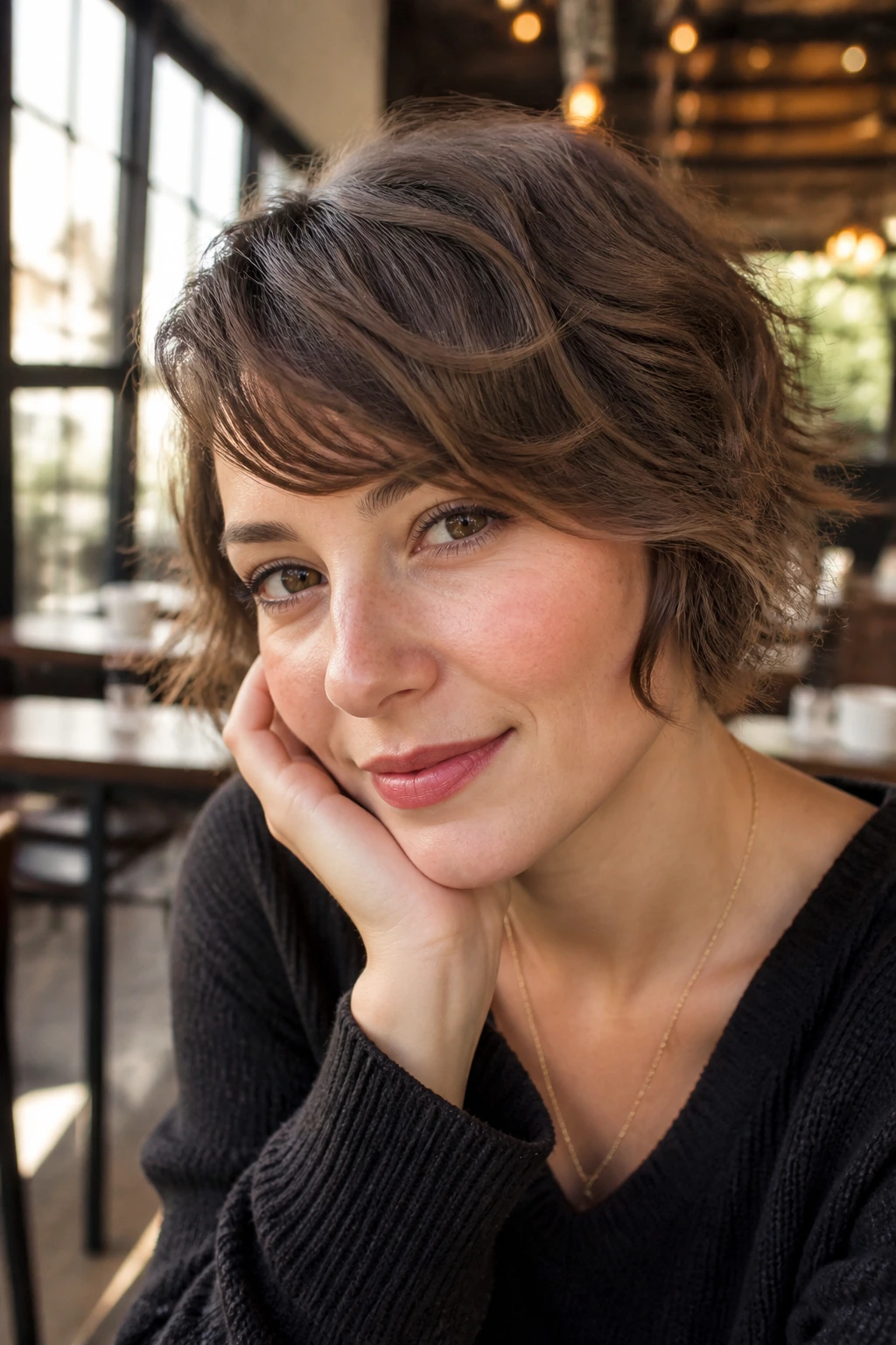 Close-up of a real person with a wavy swoop and bend in the bangs in a cafe setting
