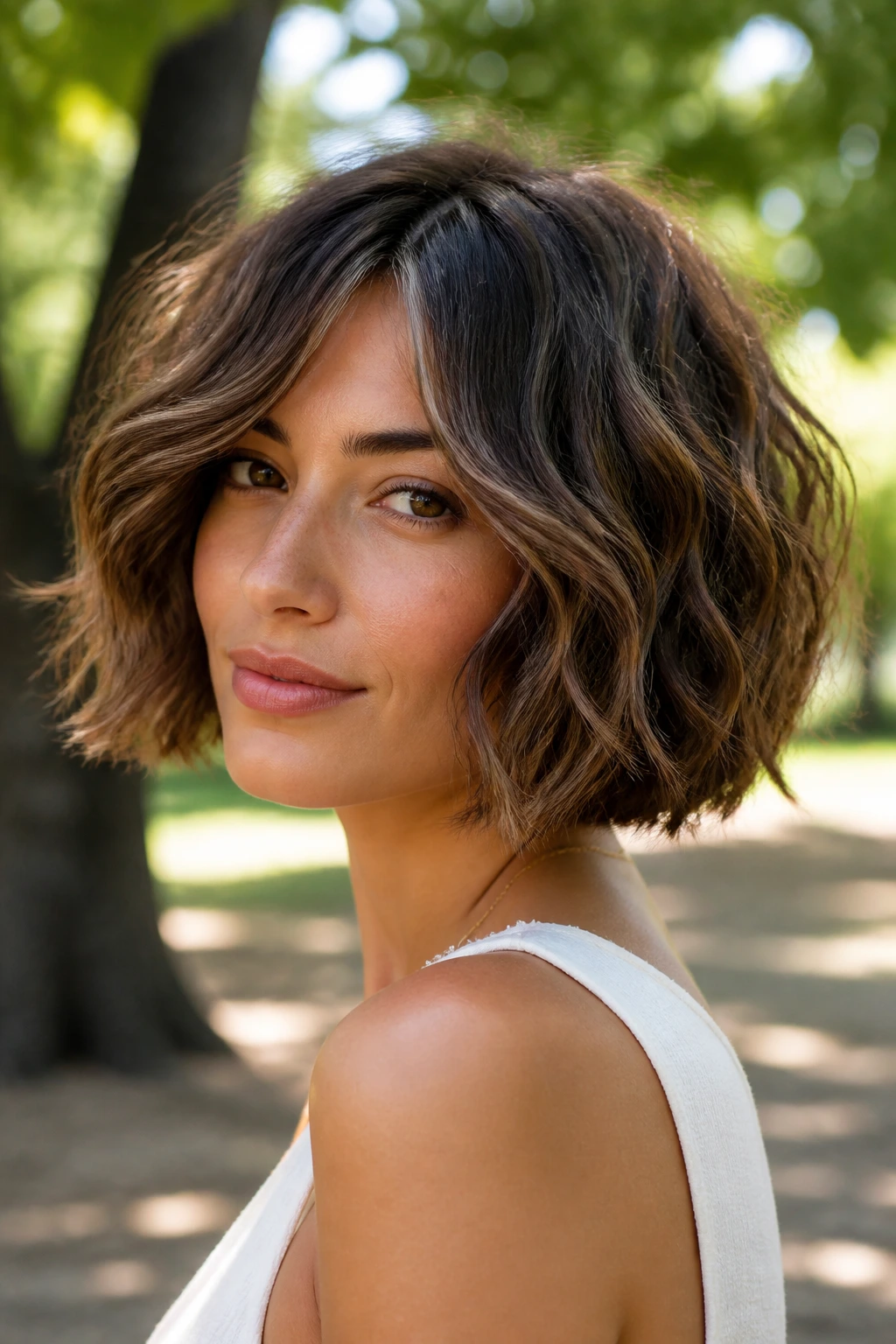 Real woman with wavy textured bob showing air between strands