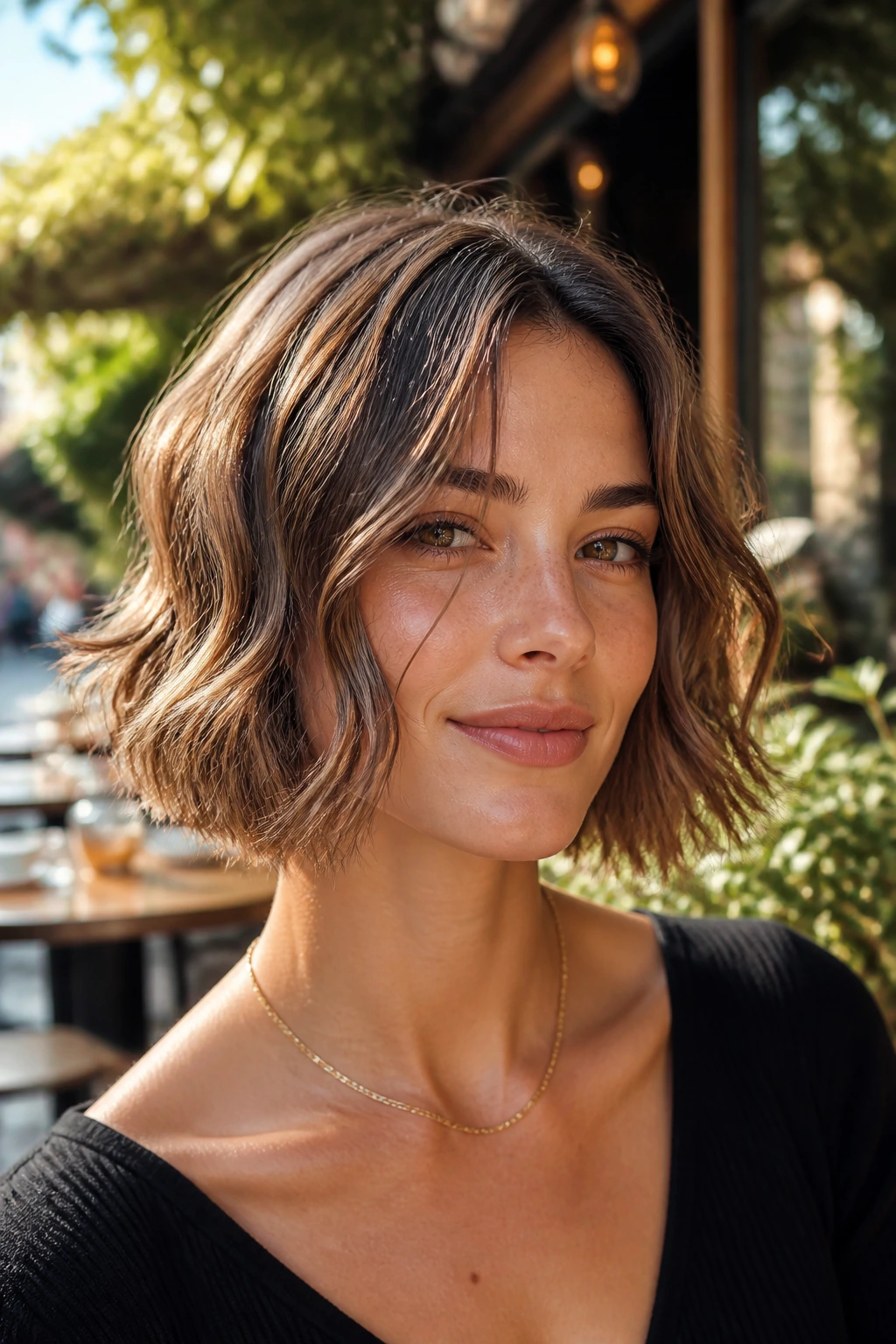 Real woman with a jaw-length wavy textured bob showing natural movement