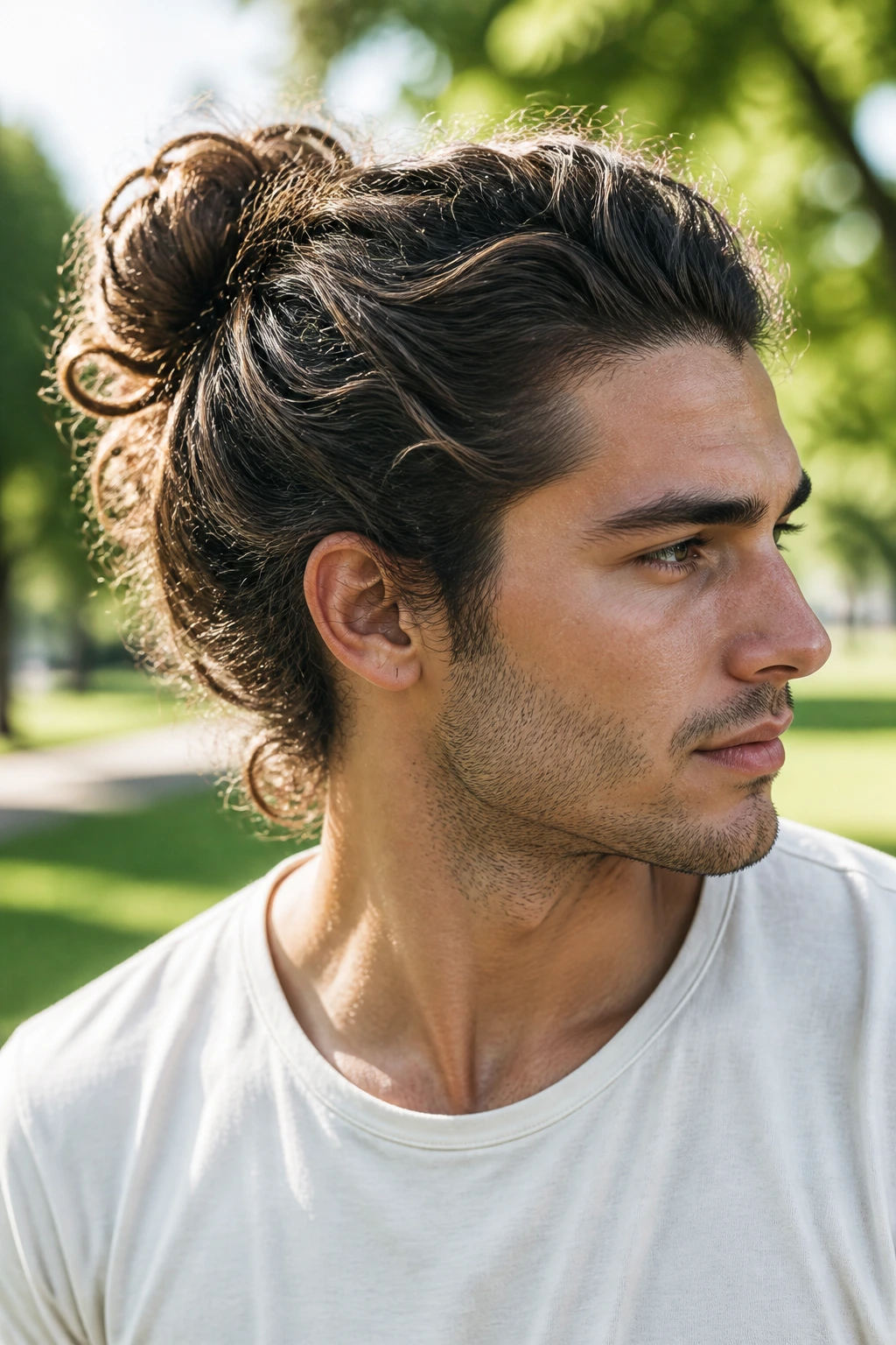 Man with wavy textured bun hairstyle