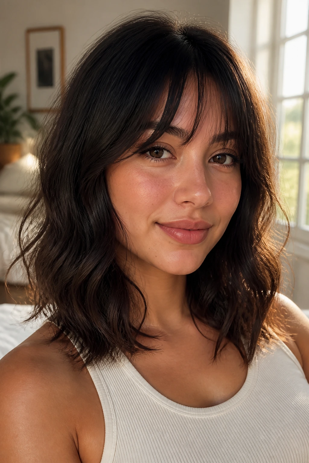 Real woman with wavy textured lob and airy fringe