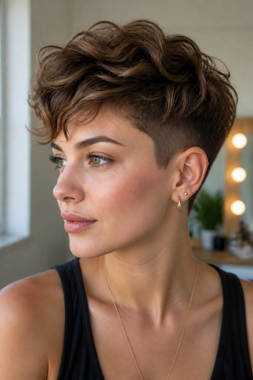Close-up of a real woman with a wavy undercut pixie, crown waves and hidden undercut.