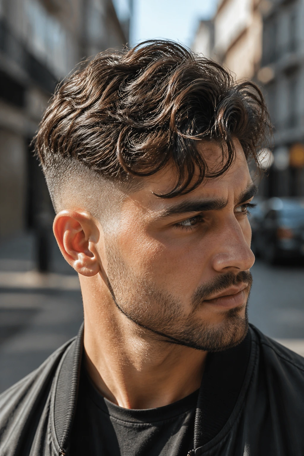 Close-up of a real man with a wavy undercut against a city street background