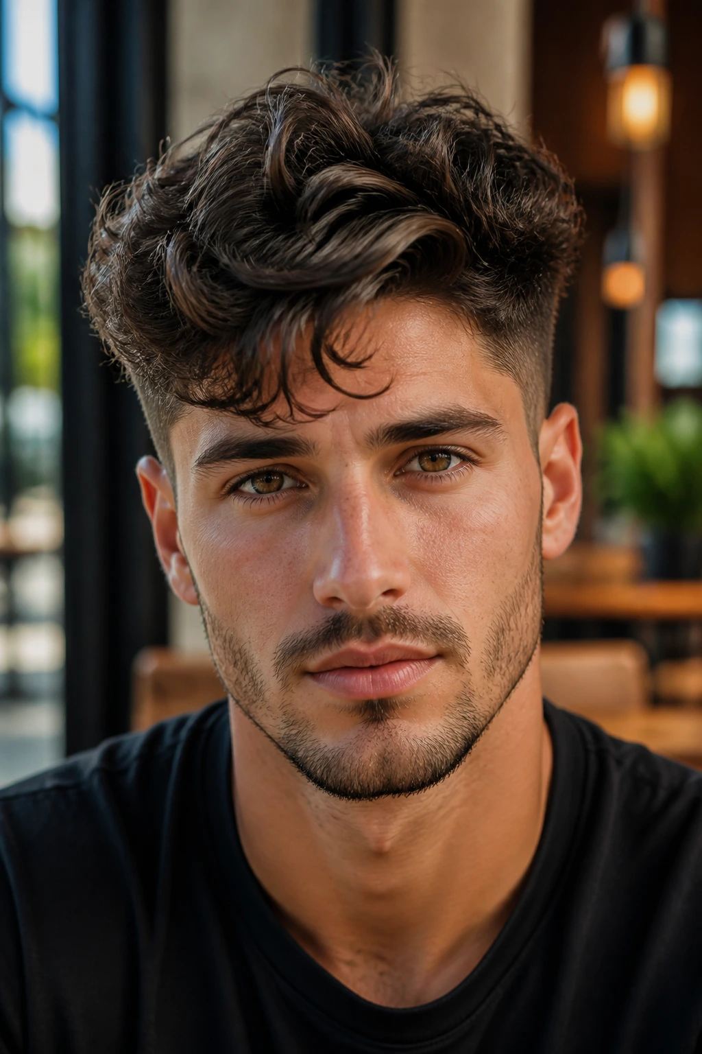 Close-up portrait of a man with a wavy undercut hairstyle in a warm cafe setting
