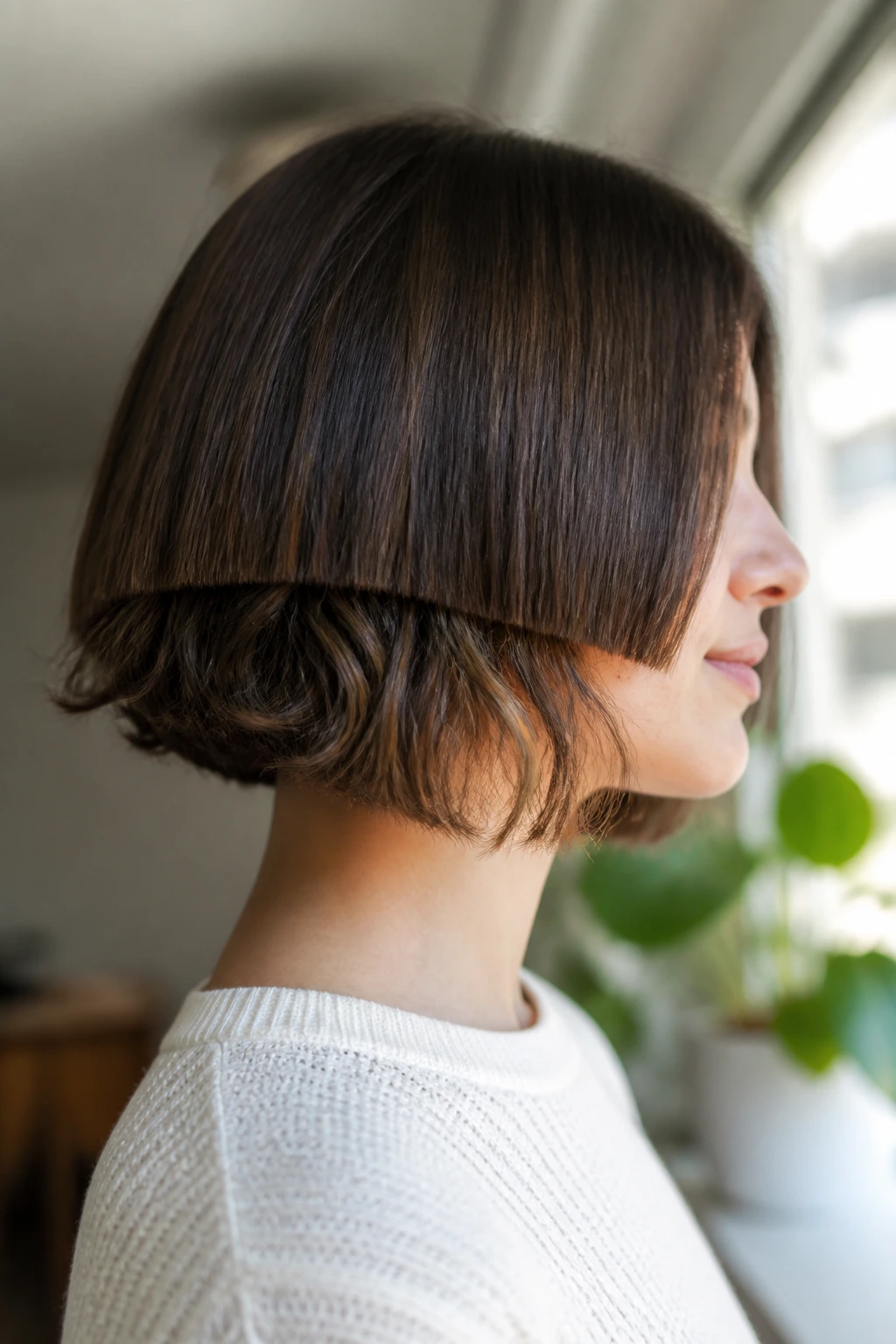 Real woman with wavy underlayer bob, showing a blunt top edge and wavy lower layer