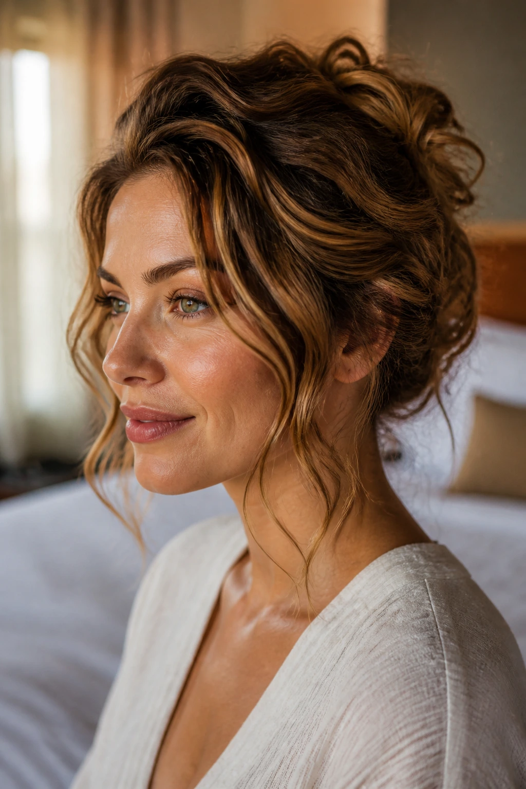 Close-up of a real woman with wavy hair styled into an updo