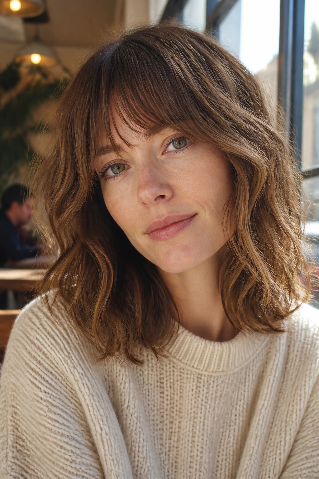 Real woman with wavy wispy cut and long bangs in natural daylight.