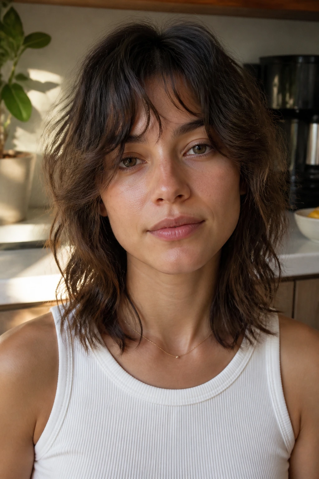 Portrait of a person with a wavy air-dry wolf cut showing natural waves