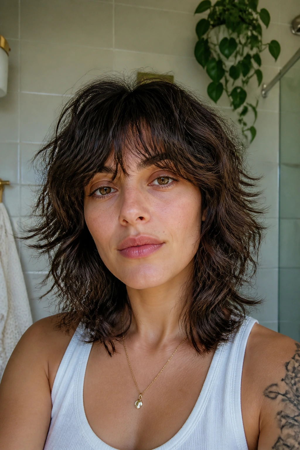 Close-up portrait of a real person with wavy air-dry wolf cut in a bright bathroom