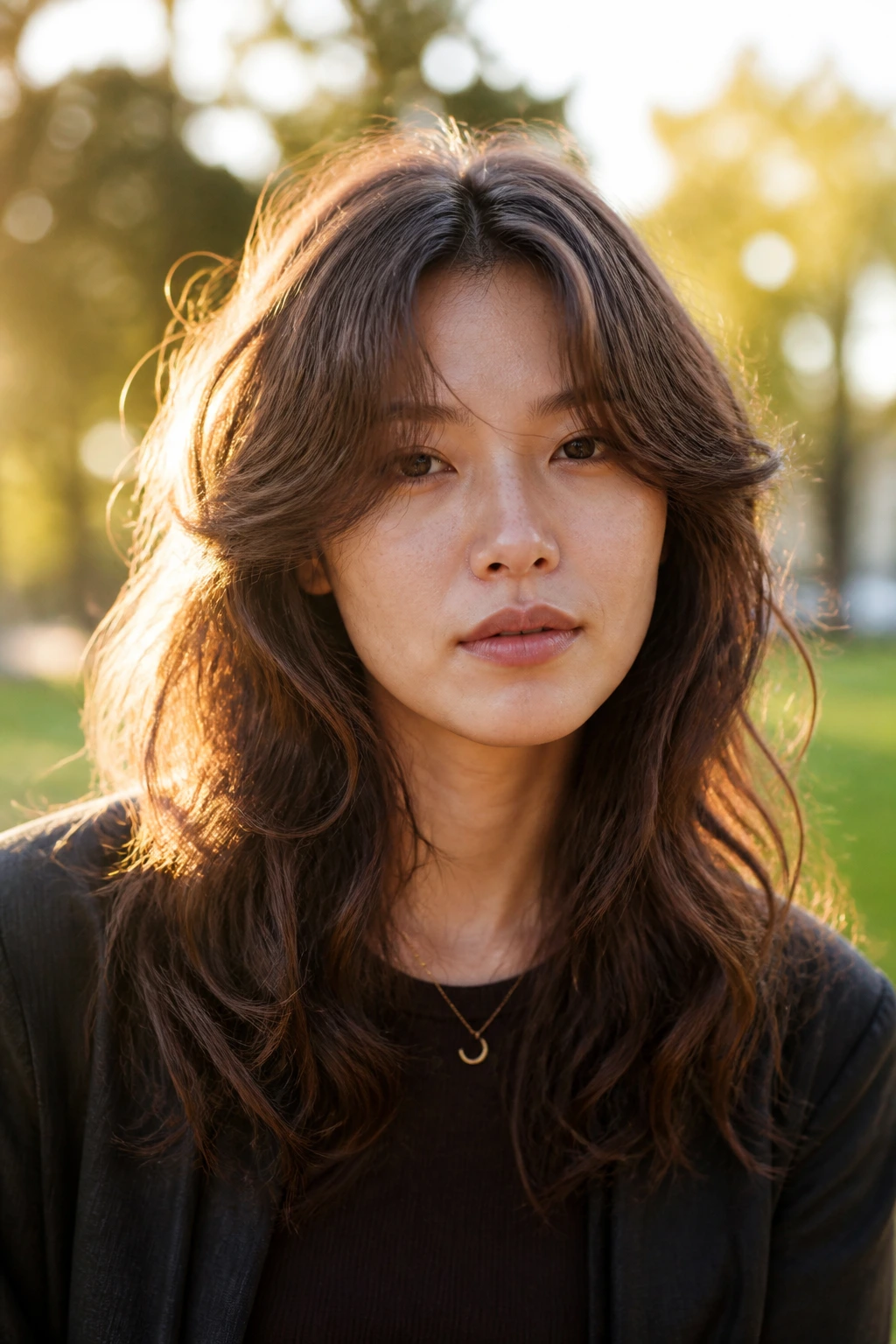 Close-up of wavy wolf cut with long curtain bangs in golden-hour park light