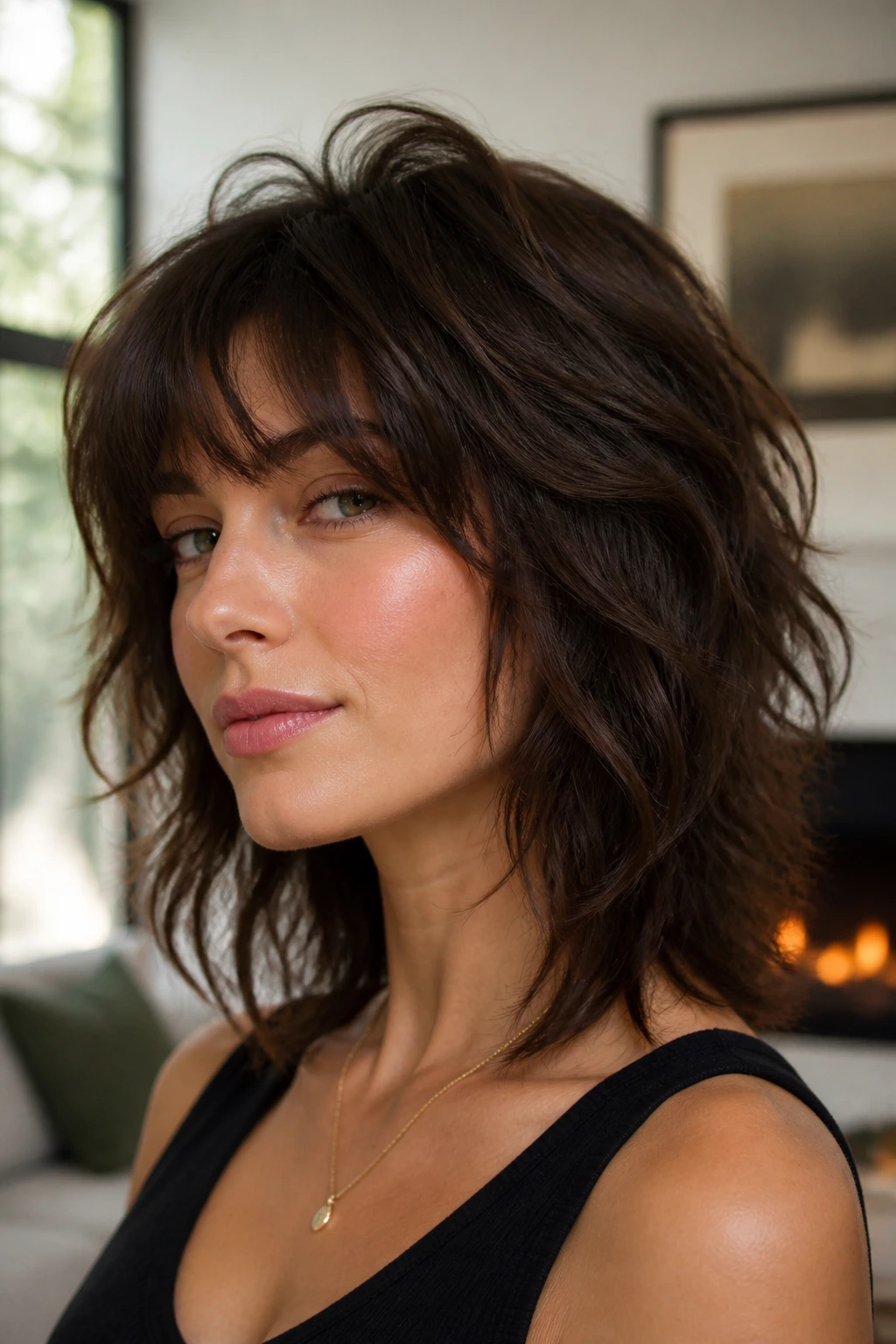 Real woman with a soft crown lift on a wavy wolf cut