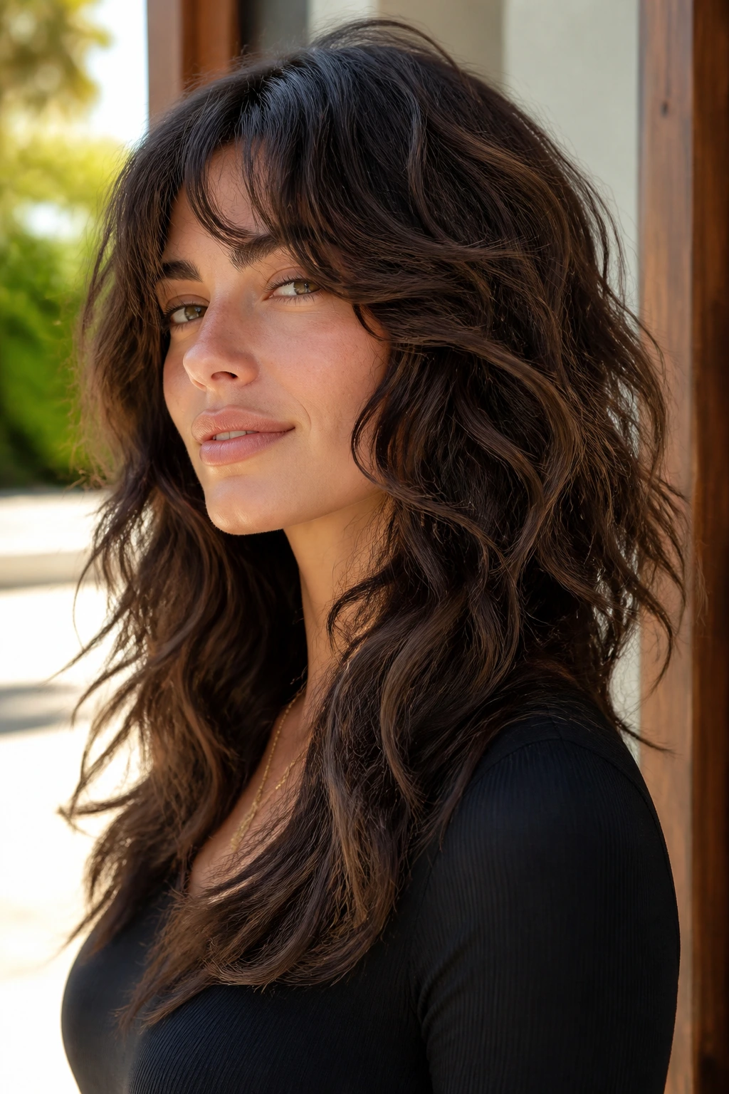 Close-up portrait of a real person with wavy wolf cut and S-curve layers
