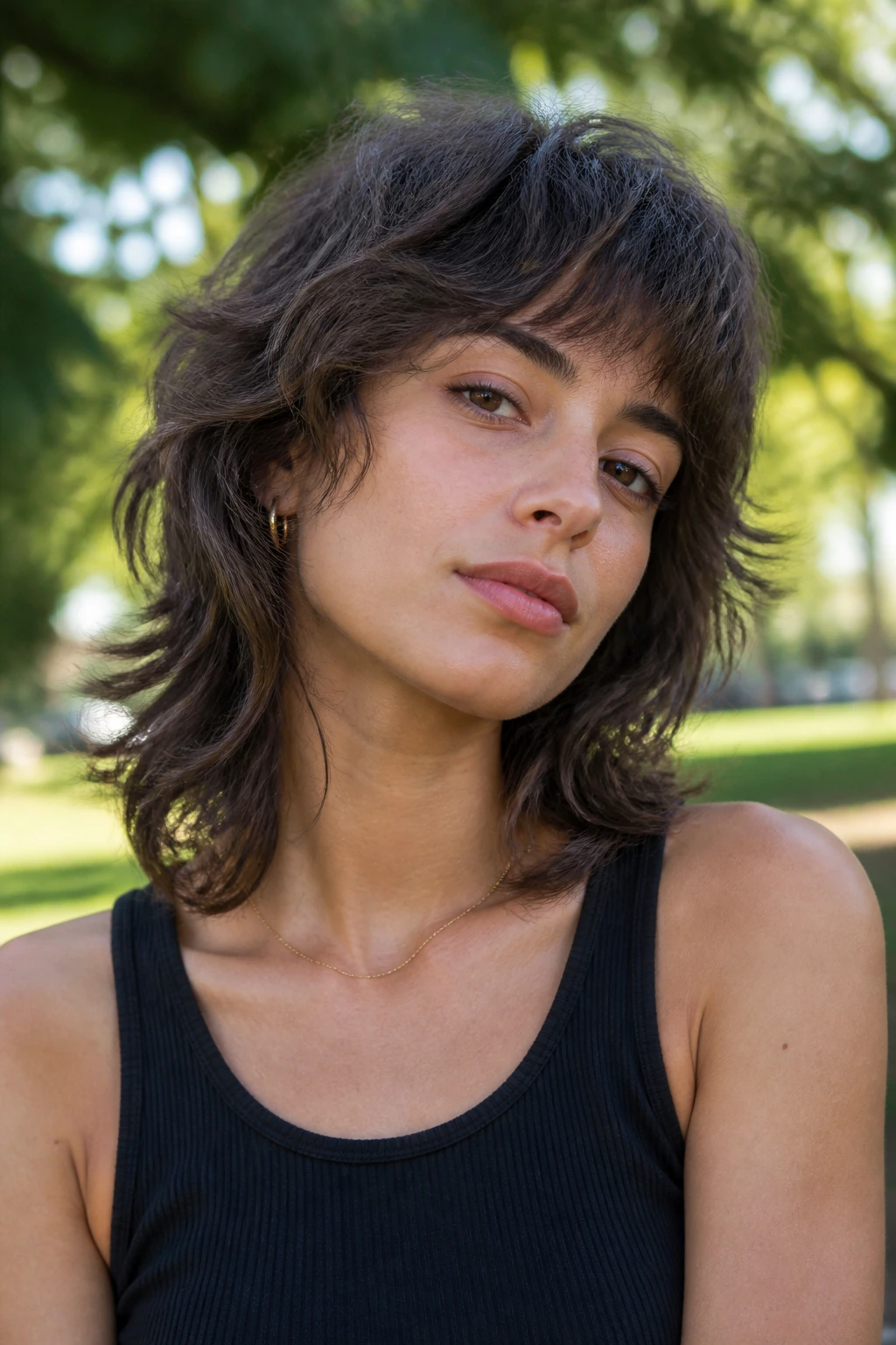 Portrait of a real person with wavy wolf-leaning shag hairstyle.