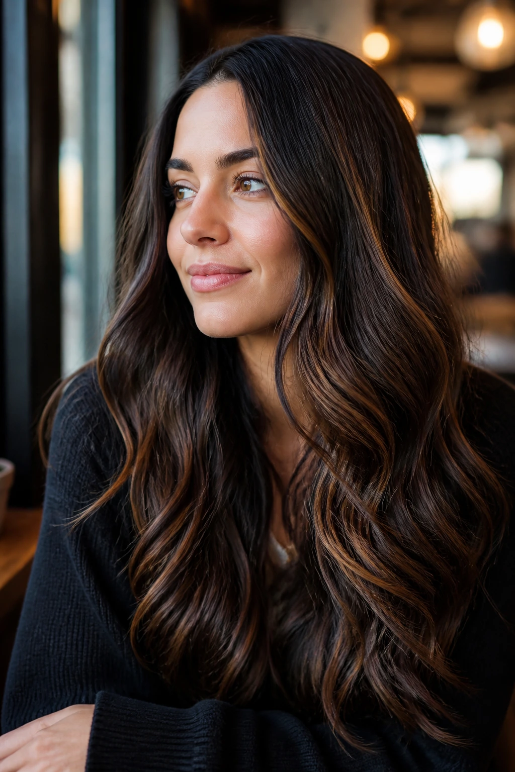 Close-up portrait of a real woman with long brunette hair in soft waves, shown in warm cafe window light