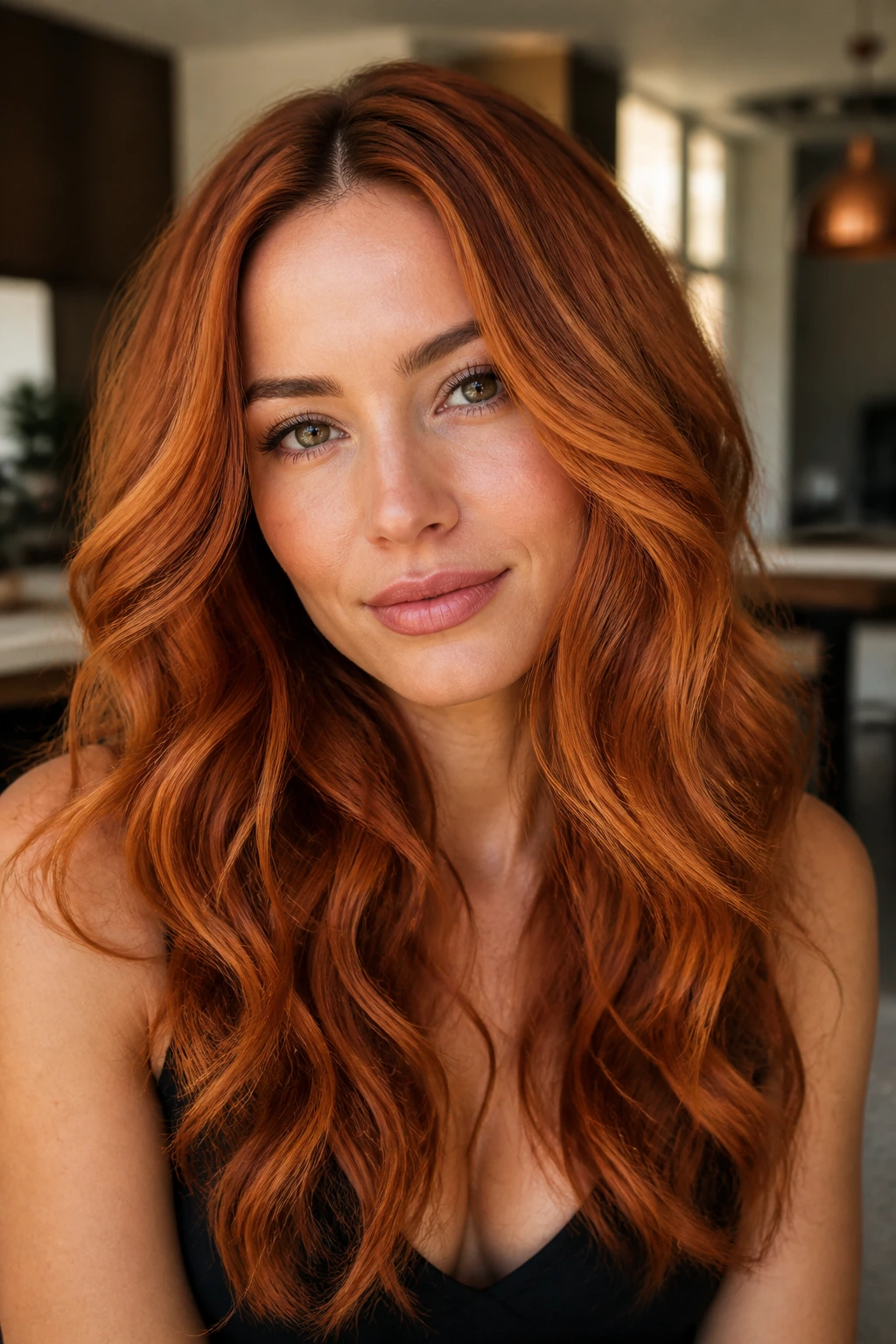 Close-up of copper waves with a centered part in a warm home setting.